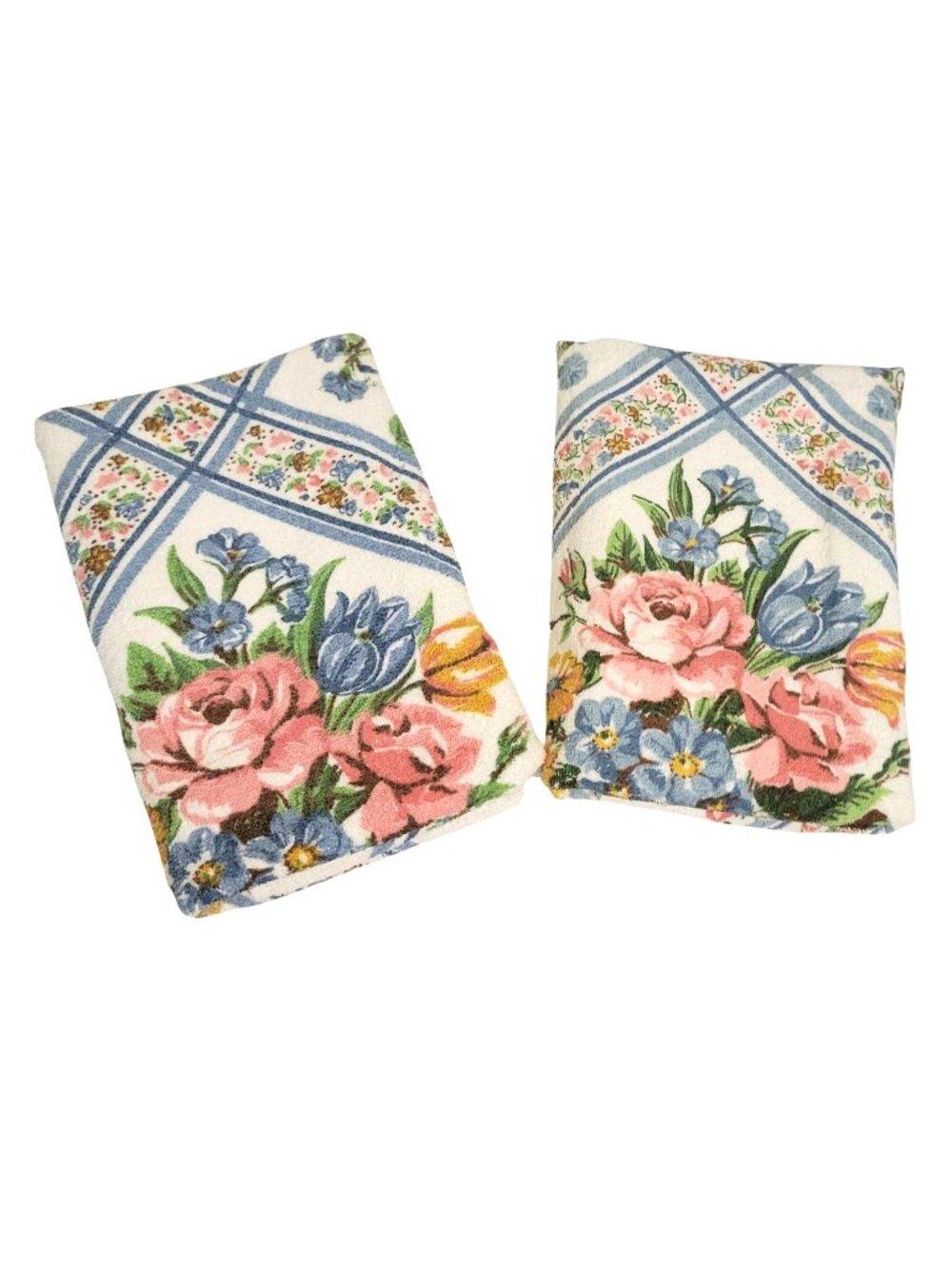 Vtg Lady Pepperell Floral Bath Towel Set Cotton Blend Fringe Blue Pink Made In U